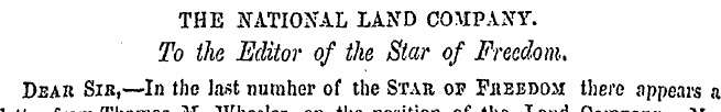THE NATIONAL LAND COMPANY. To the Editor...