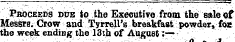 ¦ ¦¦¦ Proceeds due to the Executive from the sale of Messrs. Crow and Tyrrell's breakfast powder, foe the week ending the 13th of August :—