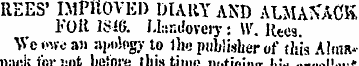 REES' IMPnoVED DIARY AND ALMANACK FOR IS...