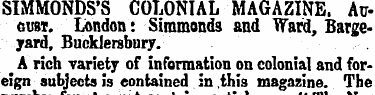 SIMMONDS'S COLONIAL MAGAZINE. Ar gust. L...