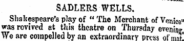 SADLERS WELLS. Shakespeare's play of " T...