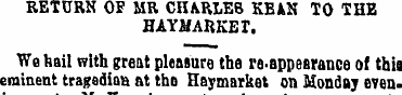 RETURN OP MR CHARLES KBaN TO THE HAYMARK...