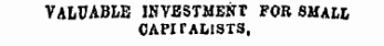 VALUABLE INVESTMENT FOB SMALL CAPITALISTS, VALUABLE investment fob small