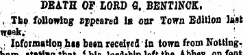 DEATH OF LORD G. BENTINCK. , Tbe followi...