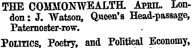 THE COMMONWEALTH. Aran.. London : J. "Wa...