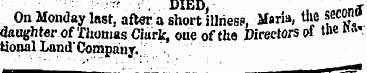 On Monday last , after. ' a short illnes...
