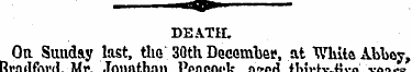 DEATH. On Sunday last, the 30th December...