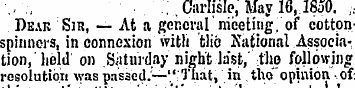 ... Carlisle, May 16,1850. ,, Dear Sir, ...