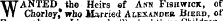 WANTED the Heirs ef Ann Fisbwick, of Chorley* who Married Alexander Bierd, of