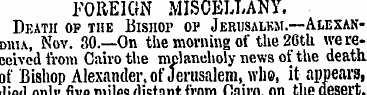 FOREIGN MISCELLANY. Death op the Bishop ...