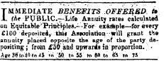 TMMEDI A TE BENEFITS OFEER&D, to JL the PUBLIC.—Life Aiuiuity rates calculated on EquitaWe f I*rincfple9.- -For example—for every £100 deposited, thi« Ascoo'tation-will grant tS» annuity placed opposite the age of the party depositing; from £5& and upwards in proportion. . Age ifitoiOinii to 5fl . ;tn 55 Hi 8ft tn fa tft 7V