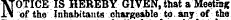 NOTICE IS HEREBY GIVEN, that a Meeting of the Inhabitants chargeable to any of the