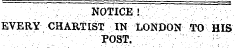 ;¦-. ¦ ' . V . NOTICE ! EVERY CHARTIST IN LONDON TO HIS / ¦ ¦ ¦ • ¦ .. ' .; v post. ; :. .