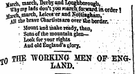 Vgrch, march, Derby and Looghhorongb , TTbjmj lads doa't yon march, forward in order ! ijjrth, march, Lefcerer and Nottin gham," jjl the hrave Ghartistsare over the border." ." • Moratanduiakereaay.thai, . , ¦ ¦ Sons of the mountain glen—. ¦. Look for joar rights . . . . - " .. . ' And old England's t;lory. . . ; «in THE WORKING MEN OP ENGiU ; : LAND. ;;